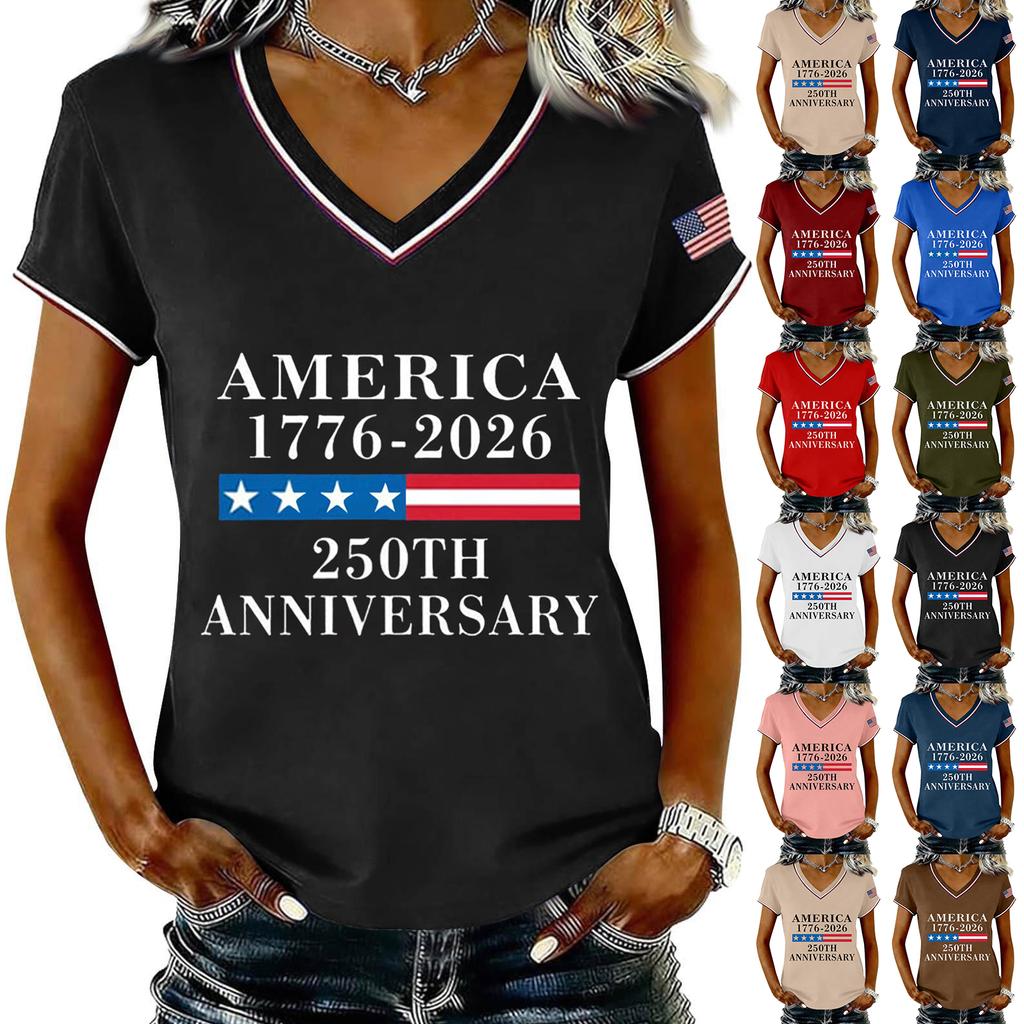 Damen Casual V-Ausschnitt Kurzarm Pullover T-Shirt 250. Jahrestag Druck Top für Unabhängigkeitstag Feier Sommerkleidung