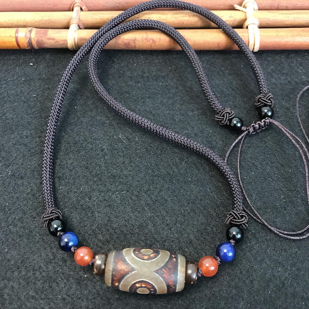 Genuine Three-Eyed Agate Dzi Pendant Necklace - Ethnic Style Fashionable Collarbone Chain for Women