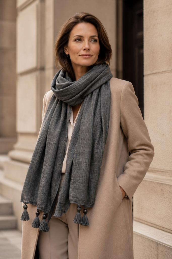 Gray Scarf with Fringes 180X80 - Cotton with Polyester