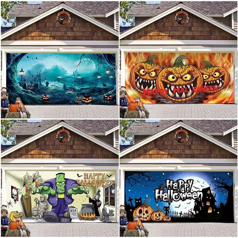 Scary Halloween Backdrop Hanging Banner Tapestry, Garage Door Cover, Indoor Outdoor Wall Decor for Party Scene Arrangement