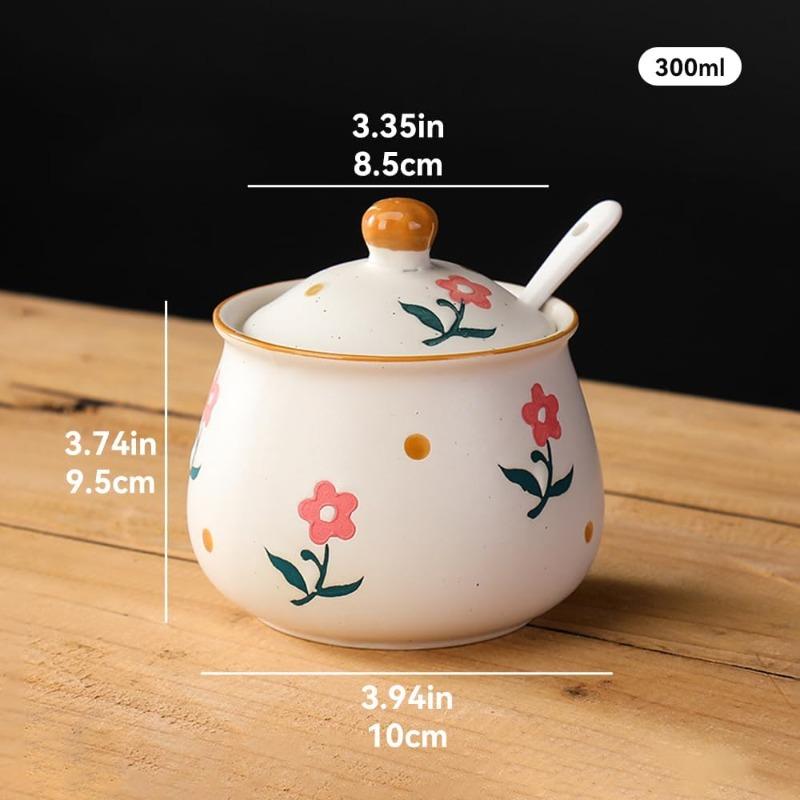 Sugar Bowl with Lid and Spoon, Floral Ceramic Condiment Jars Pots Spice Container Seasoning Canisters Box for Kitchen Coffee Bar, Yellow Flower