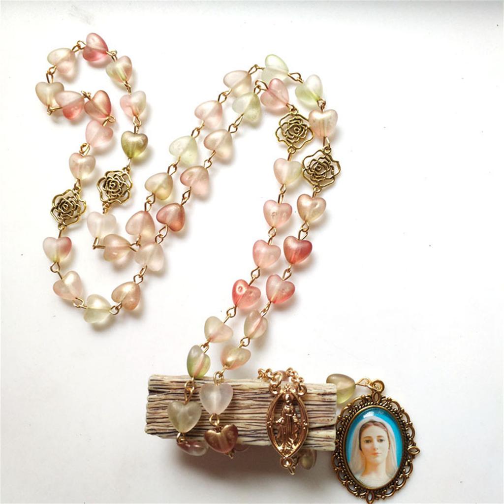 Elegante Rosenherz-Perlen Glasanhänger Rosenkranz-Halskette Christliches Gebet Modischer Vintage-Halsschmuck für den täglichen Gebrauch