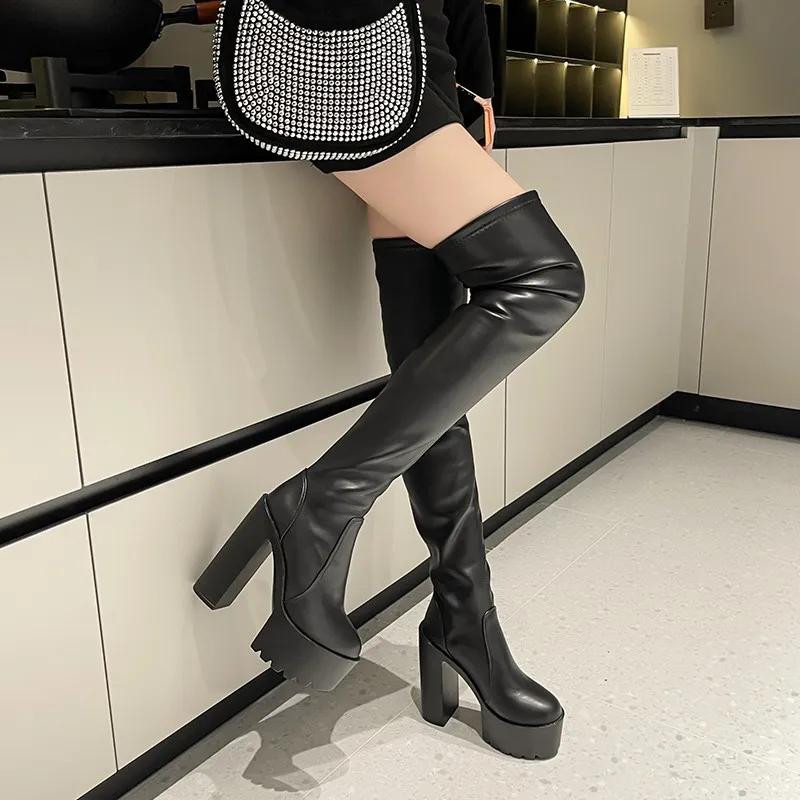 Fashion New Sexy Over The Knee Boots Round Toe 14cm Chunky High Heel Women's Shoes Long Boots Black Platform Round Toe Thigh High Botas