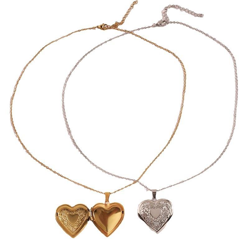 Gold Plated Heart-shaped Pendants Can Openable Frame Love Faith Stainless Steel Embossing Heart Locket Pendant Memorial Necklace