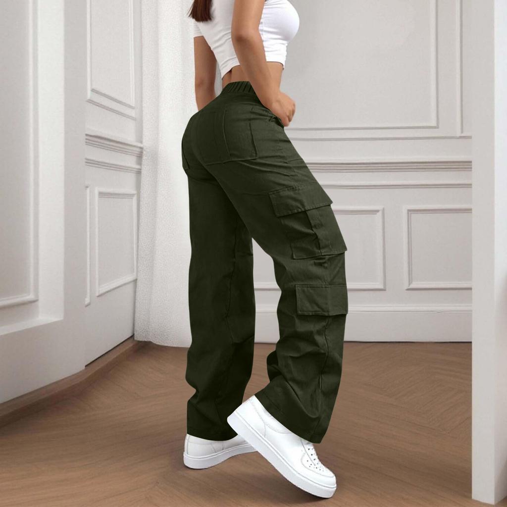 Womens Elastic High Waisted Cargo Pants Stretch Casual Wide Leg Streetwear Parachute Hiking Pants With Pockets