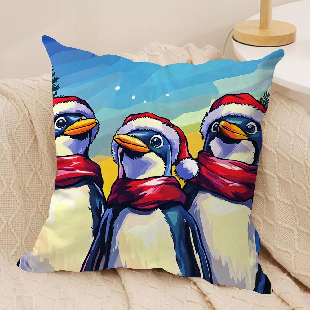 Cute Colorful Penguin Cushion Cover Silky Short Plush Invisible Zipper Dustproof Sofa Pillow Case For Home Decor