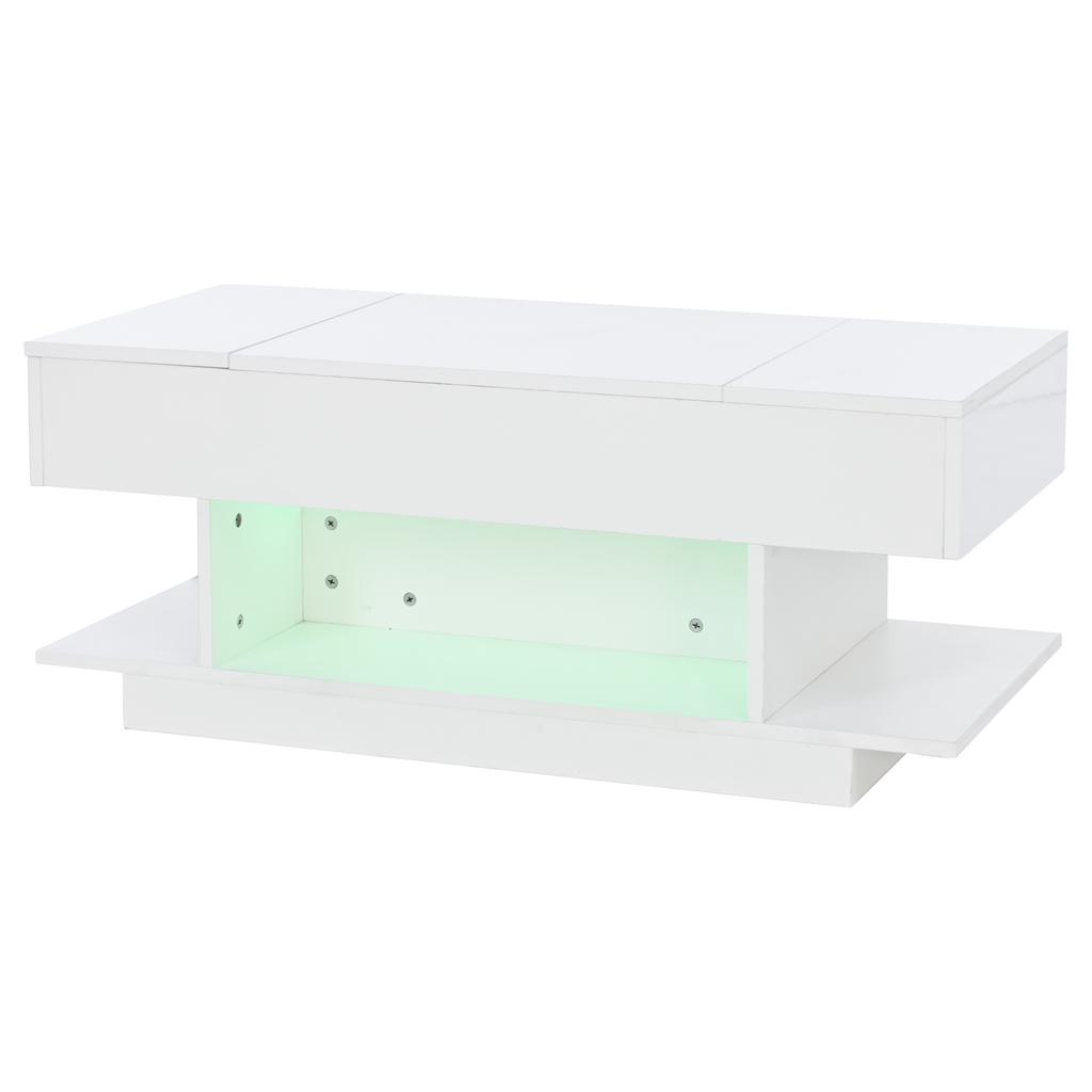 98*45*40cm Lift Coffee Table with Lift Tabletop, Height-Adjustable, 2 Flip-Top Cabinets, Semi-Open Storage, High-Gloss, LED, White