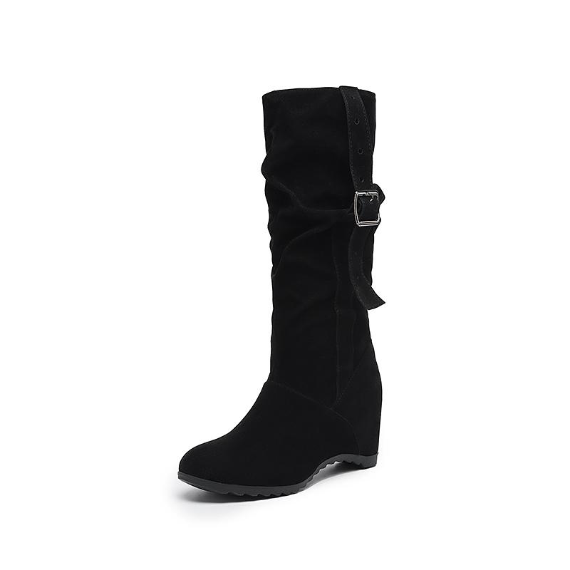 Fashion Mid calf Women's Internal Height Boots Women Shoes High Quality New Round Toe Solid English Style Fashion Casual Buckle Pleated