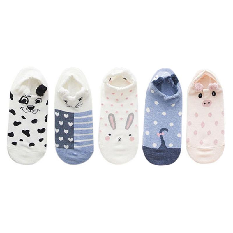 5 Pairs Women's Socks Spring Summer Three-Dimensional Shallow Mouth Cartoon Female Cotton Invisible Japanese Cute Animals Socks