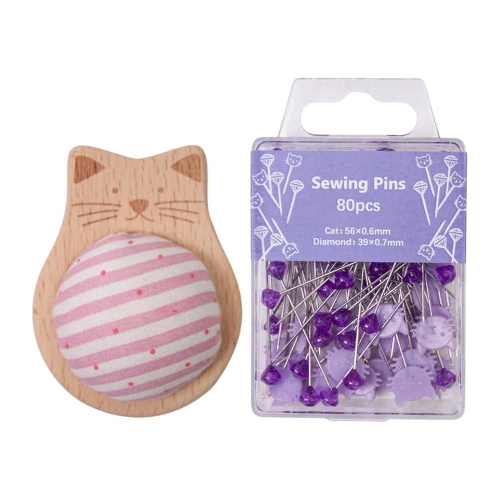 80pcs DIY Crafts Sewing Pin Holder Multi-Color Dressmaker Quilting Cat-Shaped Diamond Head Pins with Positioning Pins