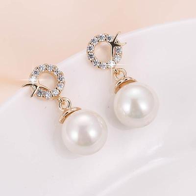 Korean Pearl Drop Earrings: Elegant Rhinestone Metal Studs for Women