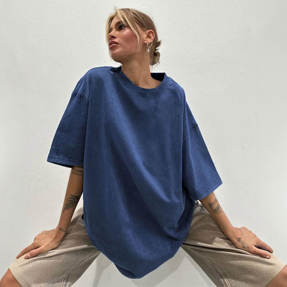 Washed and Worn Short Sleeved T-shirts for Summer Relaxation Round Neck Washed and Brushed Women’s T-shirts