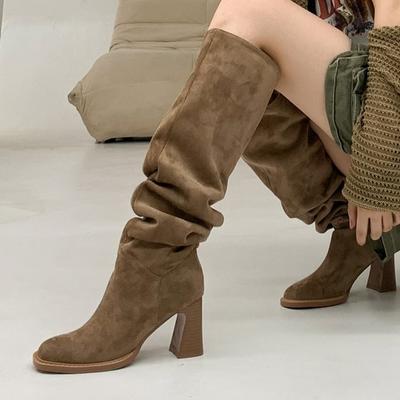 Mode Wildleder Klobige Damen Hohe Stiefel Hohe Absätze Plissierte Schuhe Frau 2024 Trend Winter Chelsea Stiefel Pumps Schneestiefel Neu Mujer Botas