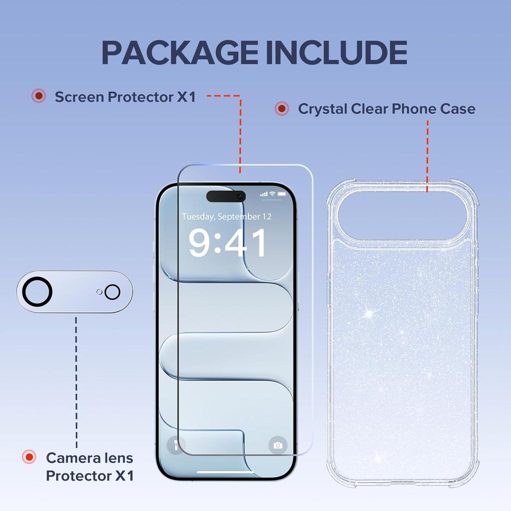 Glitter Clear Soft Phone Case for Iphone 17 Air 16 16E 15 14 Plus 13 Pro Max 12 Mini 11 Screen Protector Camera Lens Protection Shockproof Phone Cover