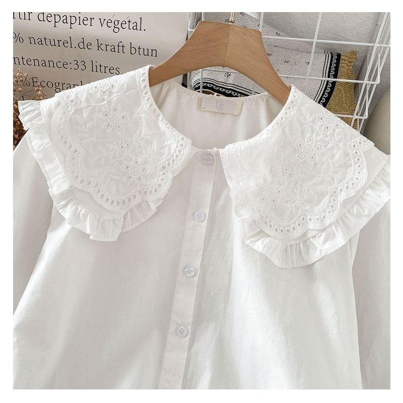White Shirt Ruffled Loose Long-sleeved Top Autumn New Solid Color Doll Collar Shirt Women French Sweet