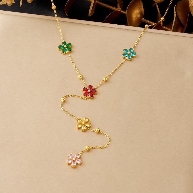 Gold Multicolor Zircon Flower Y Necklace For Women Dainty Jewelry