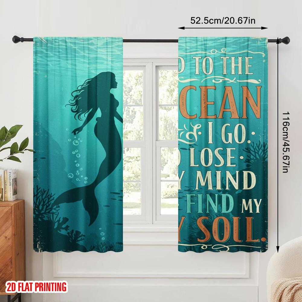 2pcs 2D Flat Printing Party Window Curtains Mermaid Ocean Mind Soul Polyester Without Electricity All Season Party & Holiday