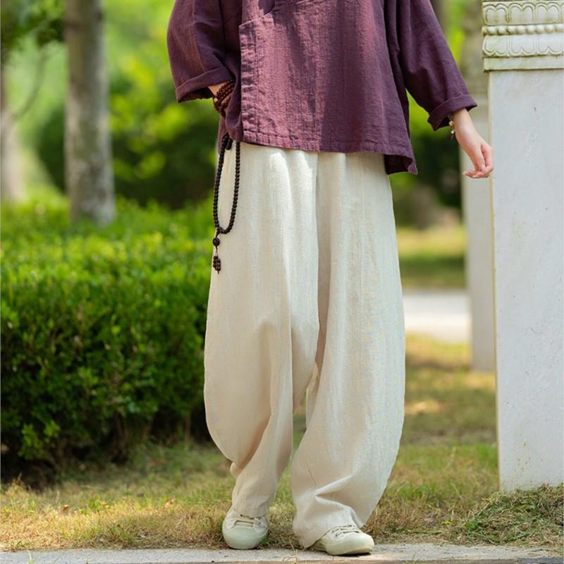 Johnature Women Straight Pants Solid Color Elastic Waist Autumn Trousers Loose Vintage Long Pants