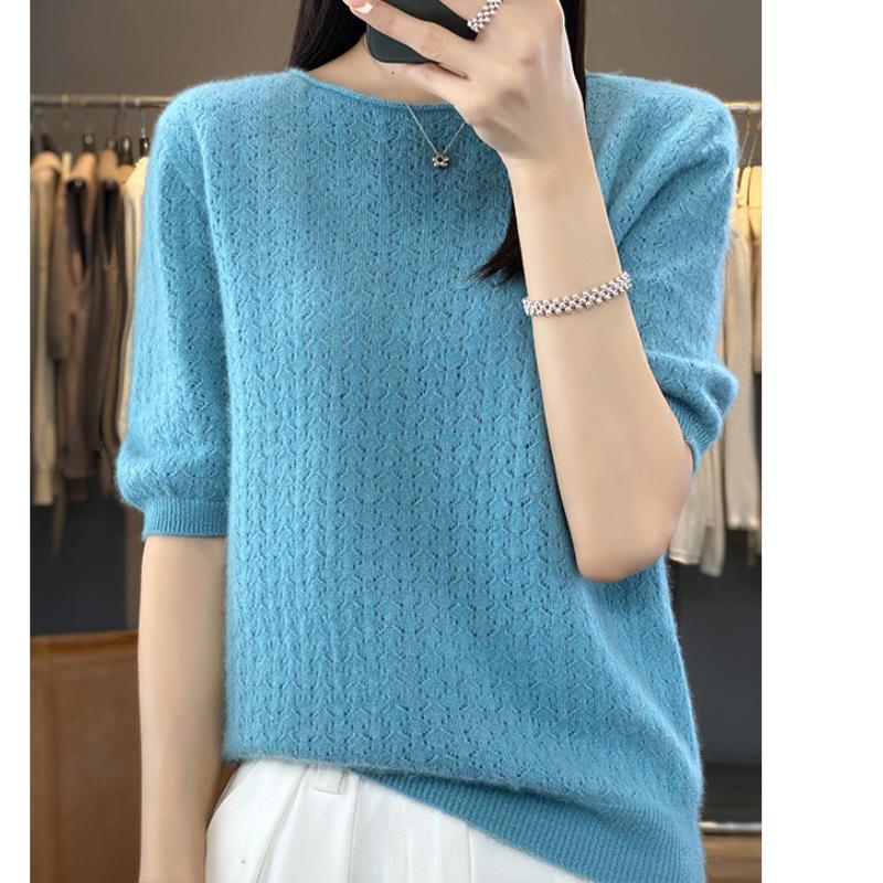 Round Neck Wool Sweater for Women In Spring and Autumn Updated Temperament Bottoming Half-sleeved Korean Comfortable Fit Versatile Thin Top