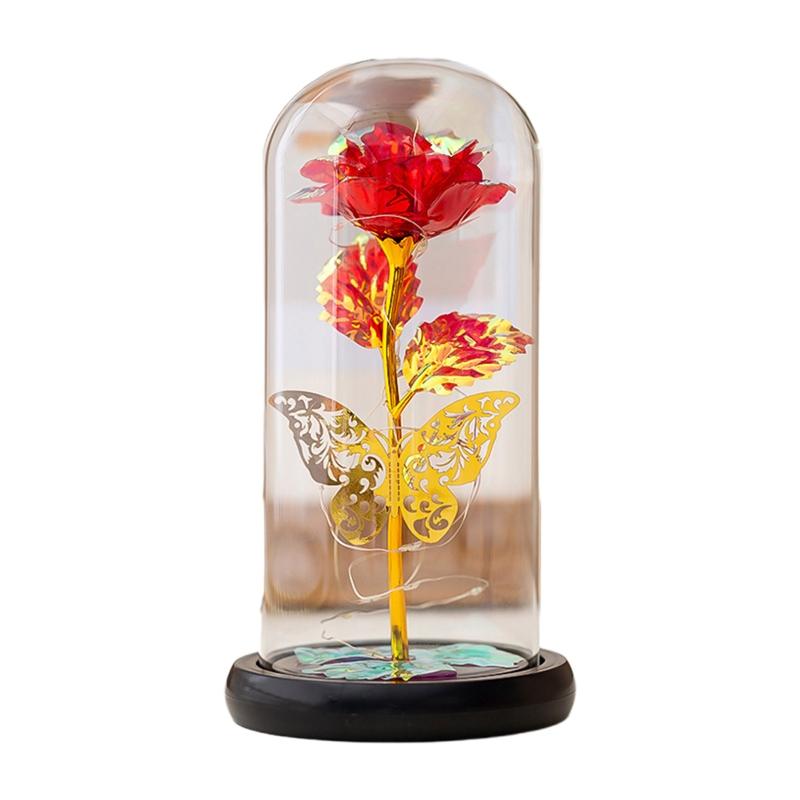 Forever Flower Gold Foil Rose Flowers In Glass Dome with LED Light Valentine's Day Gift Mother's Day Wedding Anniversary X3UC