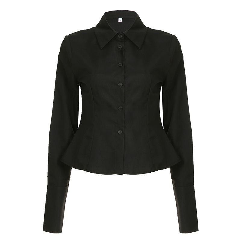 

H Home European and American Women s Clothing Officelady High JGG Pure Color Tight Waist Shirt Minimalist Elegant Basic Breasted Tops Black L
