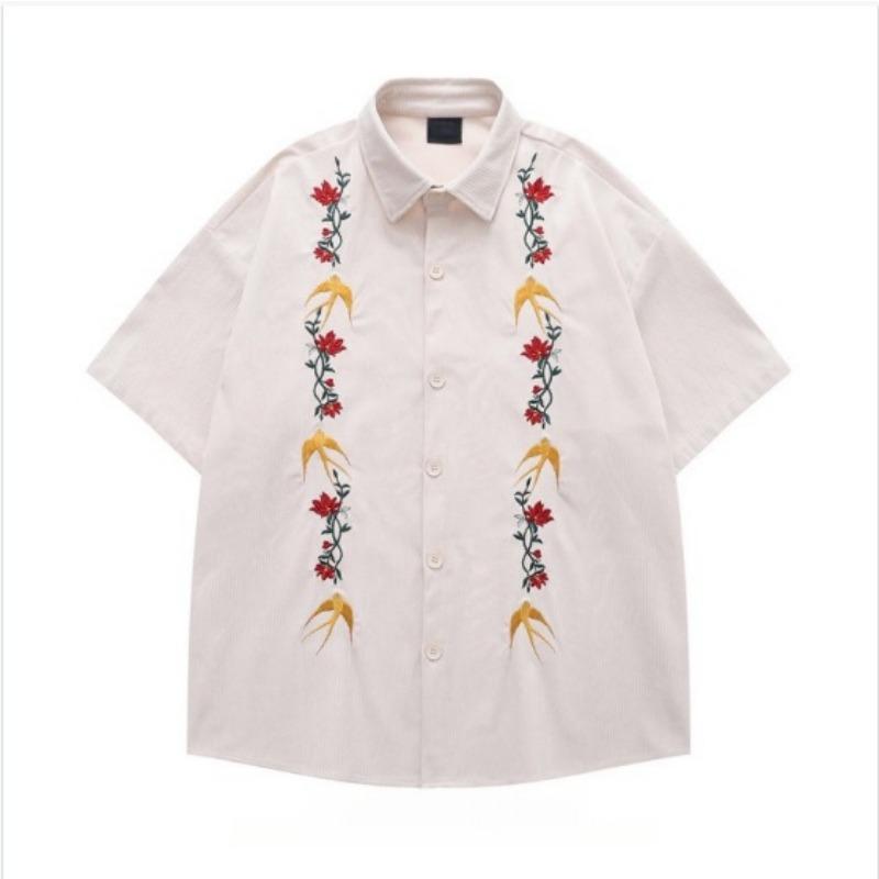 Men's Floral Swallow Embroidered Oversized Short Sleeve Button Down Shirt Casual Streetwear Top