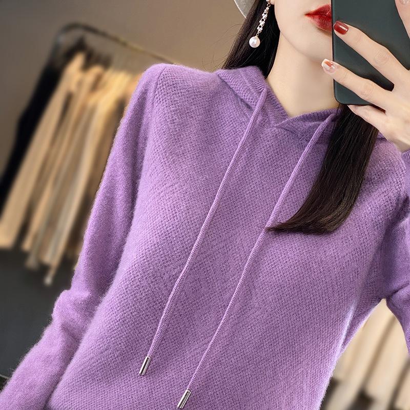 Hooded Knitted Hoodie Women's Versatile Solid Color Hoodie Loose Western Coat Top Explosive Casual Hooded Sweater