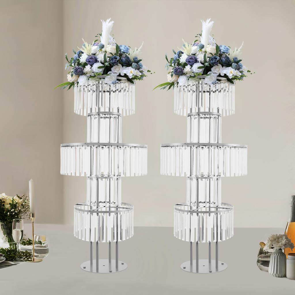 2-Pack 5-Tier Crystal Flower Stands, Round Base Silver Metal Plant Shelf, Indoor Multi-Level Display Rack for Home Garden Decor