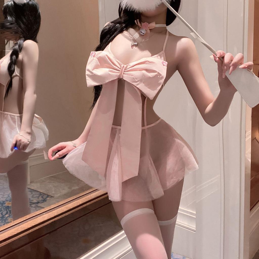 Pure Desire Pink Bow Three-point Erotic Underwear Pure Desire Temptation Splicing Mesh Perspective Free-to-take Cover