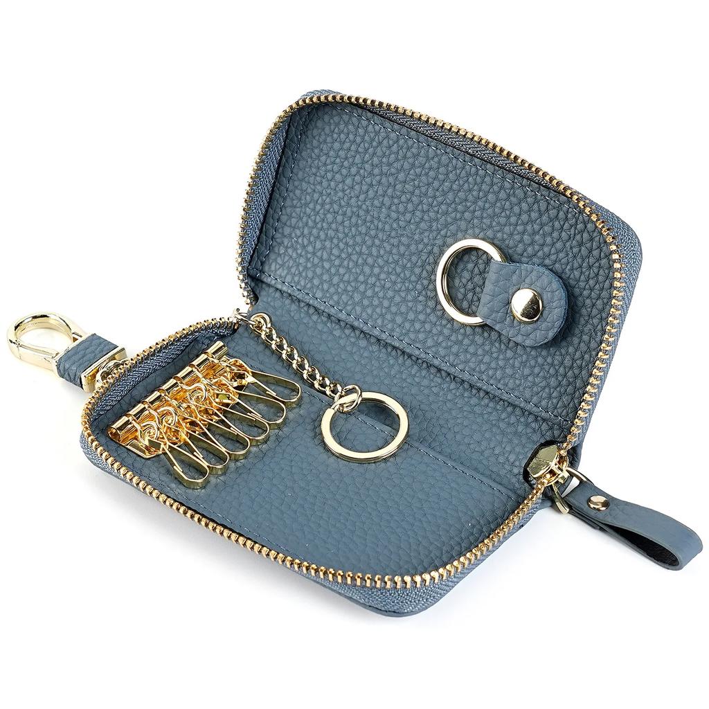 Men Genuine Leather Key Wallet Card Keychain Cover Zipper Card Holder Wallet Keys Organizer Large Capacity Household Key Bag