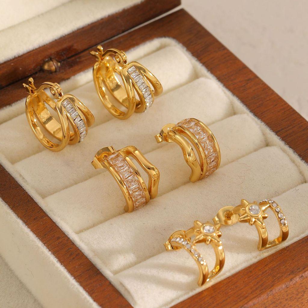 Light Luxury Geometric Stainless Steel Earrings With Zirconia For Women