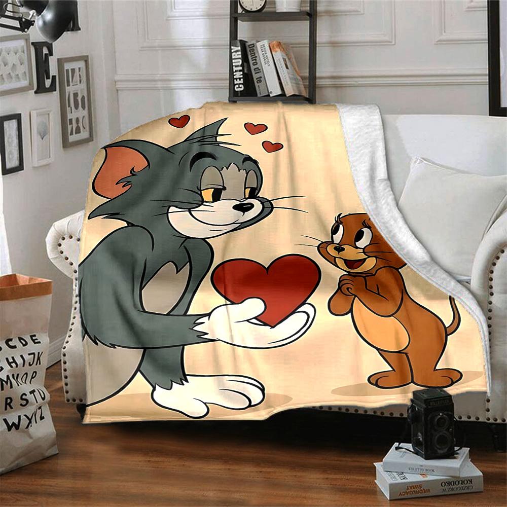 1pc Tom Jerry Love Heart Flannel Throw Blanket - Lightweight Soft Warm All-Season Blanket for Sofa, Bed, Travel, Camping L1029168