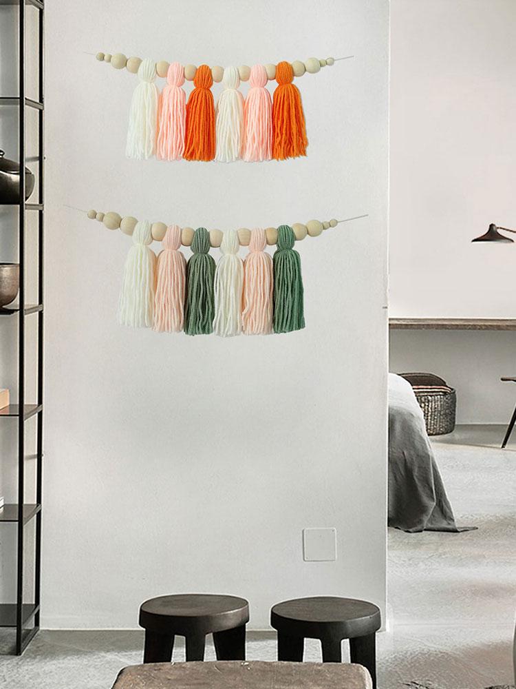 Macaron Wood Bead Tassel Wall Hanging Decor 37x14cm Colorful Yarn Home Ornament Style E