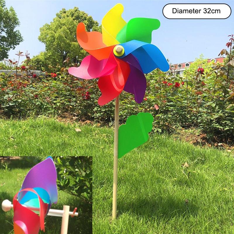 1 Piece 14/18/24/32Cm Wooden Pole Seven Leaf Colorful Diy Windmill Garden Yard Party Outdoor Wind Spinner Ornament Kids Toys