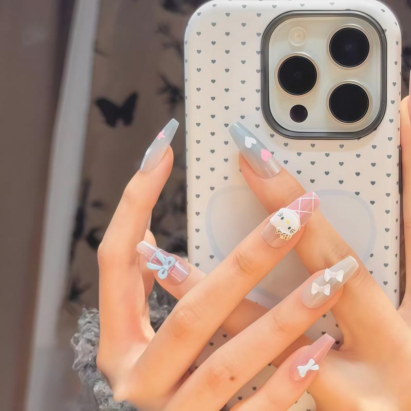 

Sweet Girl Kitty: Handmade Detachable Nail Art - Cute Blue Pink Cat with Bowknot XS (for small nail beds or petite individuals)