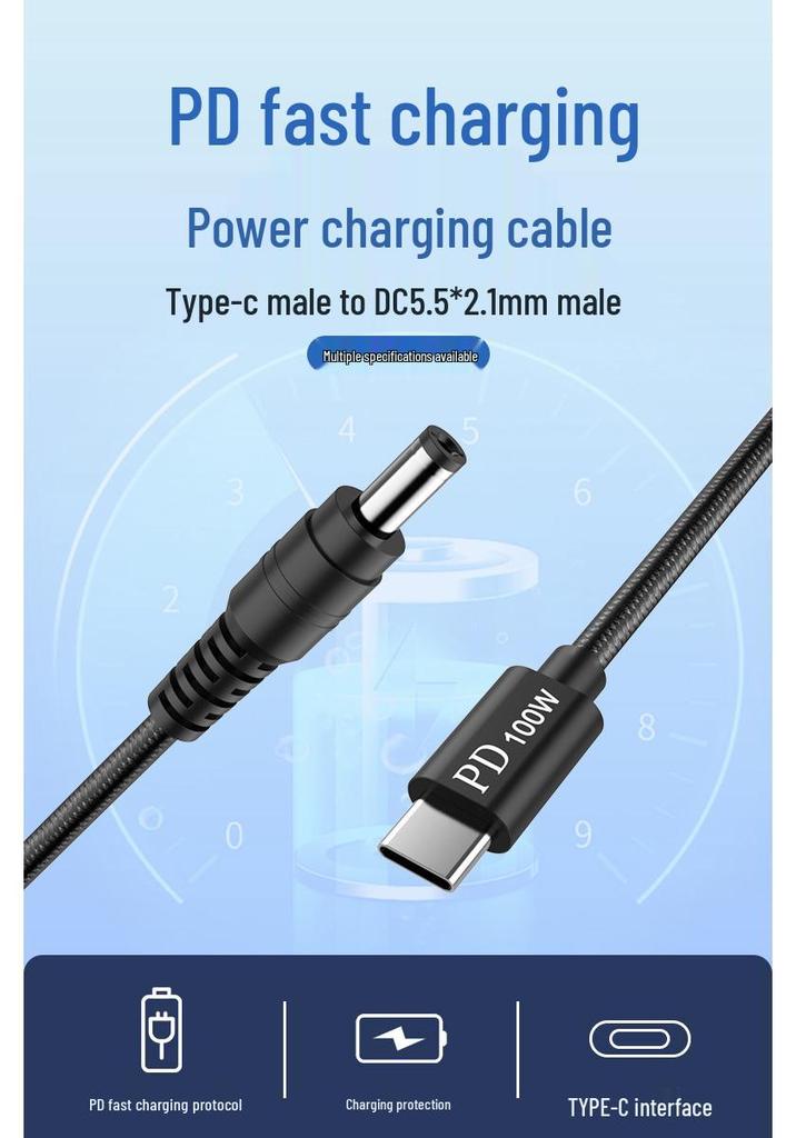 Type-C to DC 100W Fast Charging Cable for HP, Lenovo, Dell Laptops - 2 Meters