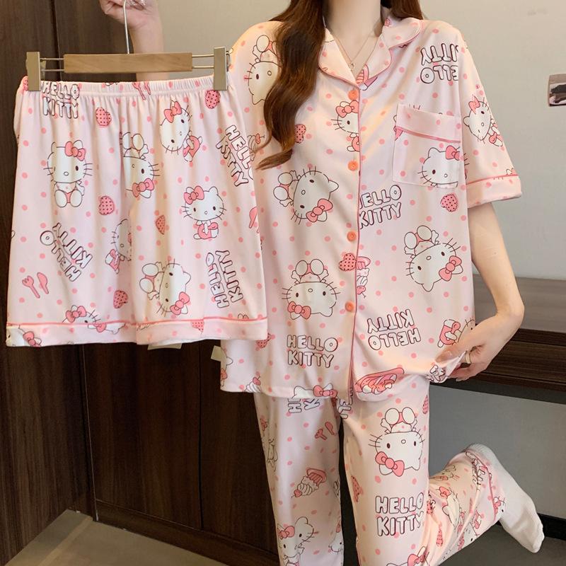 Polka Dot Spring And Summer Cartoon Three-Piece Cute Short-Sleeved Three-Piece Pajamas Women'S Loungewear