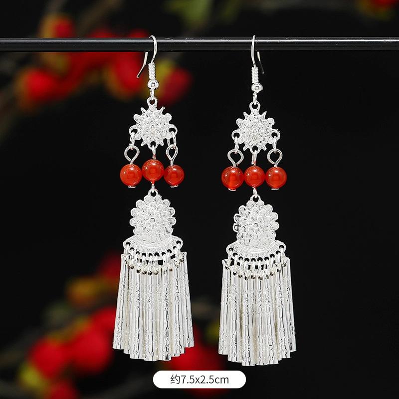 Miao Yin earrings original niche retro Dongling jade earrings long fringed earrings women