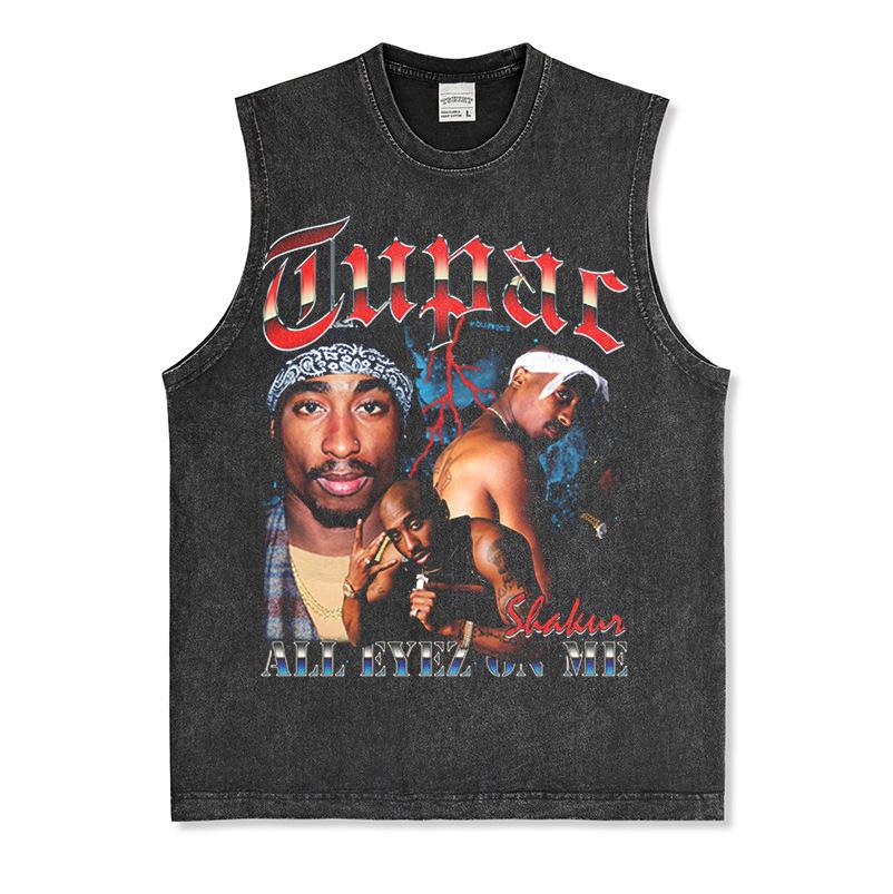 Canotta Senza Maniche Tupac Grafica Retro High Street Cotone Pesante