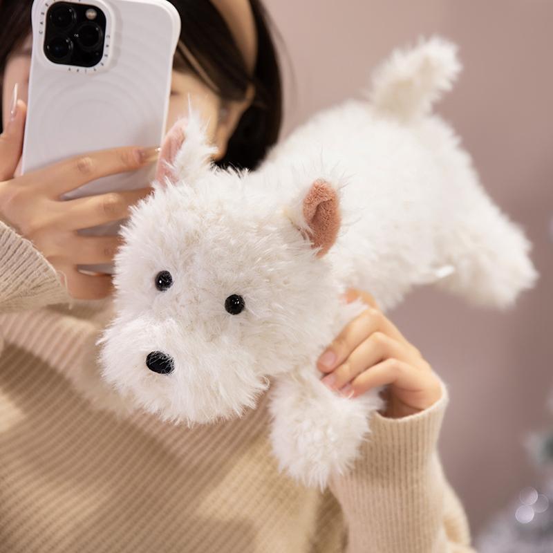 Kawaii Fluffy Hair West Highland Dog White Terrier Plushie Soft Puppy Plush Toy Stuffed Lifelike Animal Appease Doll Pillow