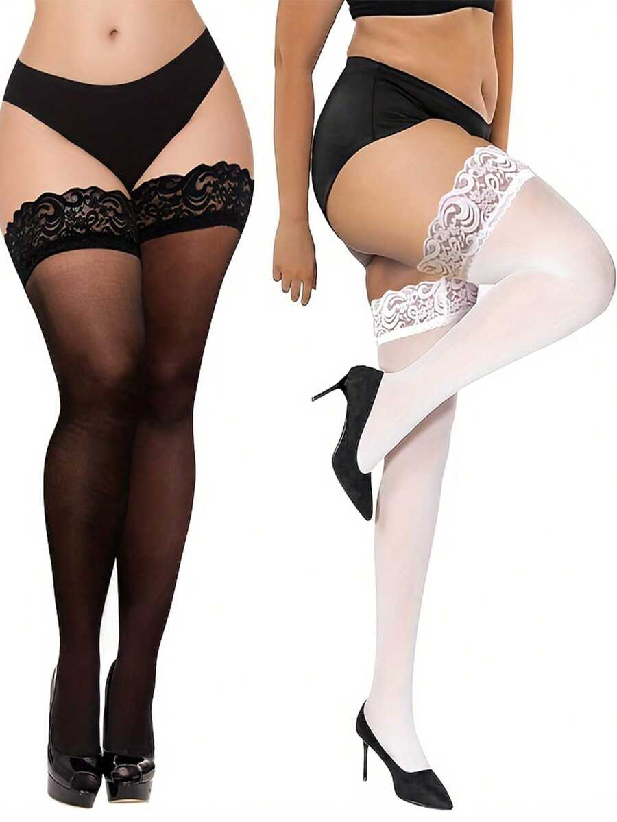 2 Paar Übergröße Oberschenkelhohe Strümpfe Mit Spitzenverzierungen Halb Transparent 0XL2Xl beige