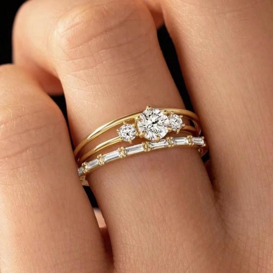 Wish Round New Gold Zircon Ring Temperament High-end Simple Three-piece Ring