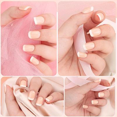 New French Style Fake Nails With White Edges And Pink Removable Wearing Nail Short Nail Art Squ J1V6