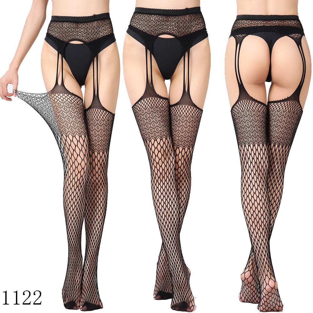 Sexy Elastic Fishnet Stockings with Garter Belt - Women's Open Crotch Fine Mesh Anti-Slip