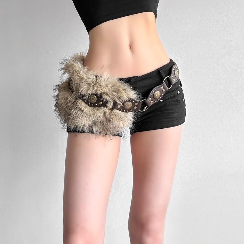Faux Fur Waist Chain Punk Fur Waistband New PU Leather Fur Belt  Hiphop
