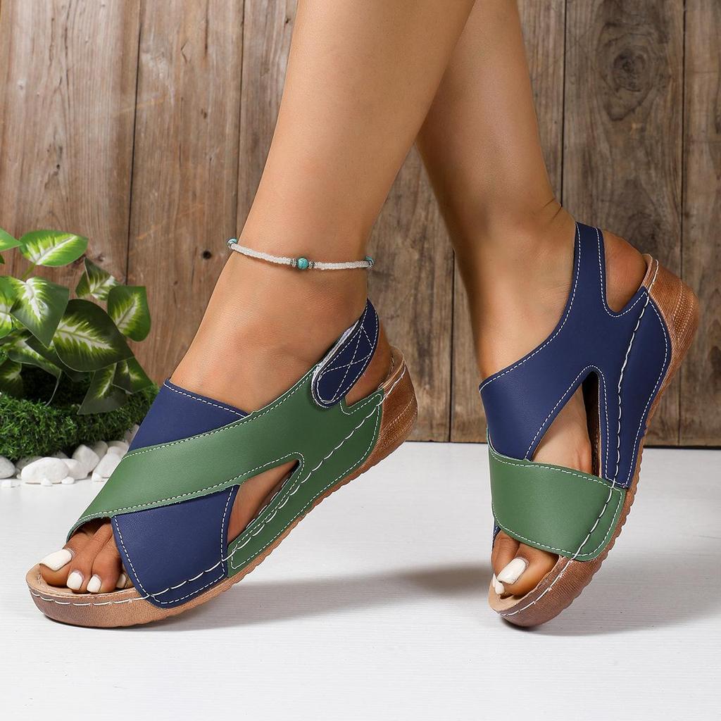 Sandali da donna con zeppa a contrasto e tacco alto, scarpe casual a punta aperta con suola spessa, comodi sandali con cinturino alla caviglia