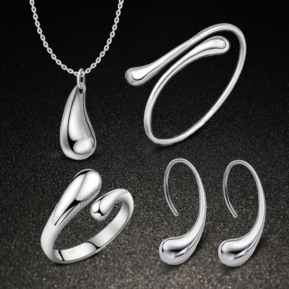 Beautiful Silver Plated Water Drop Jewelry Ensemble Includes Bracelet Necklace Earrings And Ring