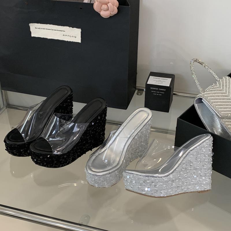 Fashion Sequined Wedge Slippers Super High Heels Transparent One-word Wear Fish Mouth Open-toed Sandals Women's Shoes
