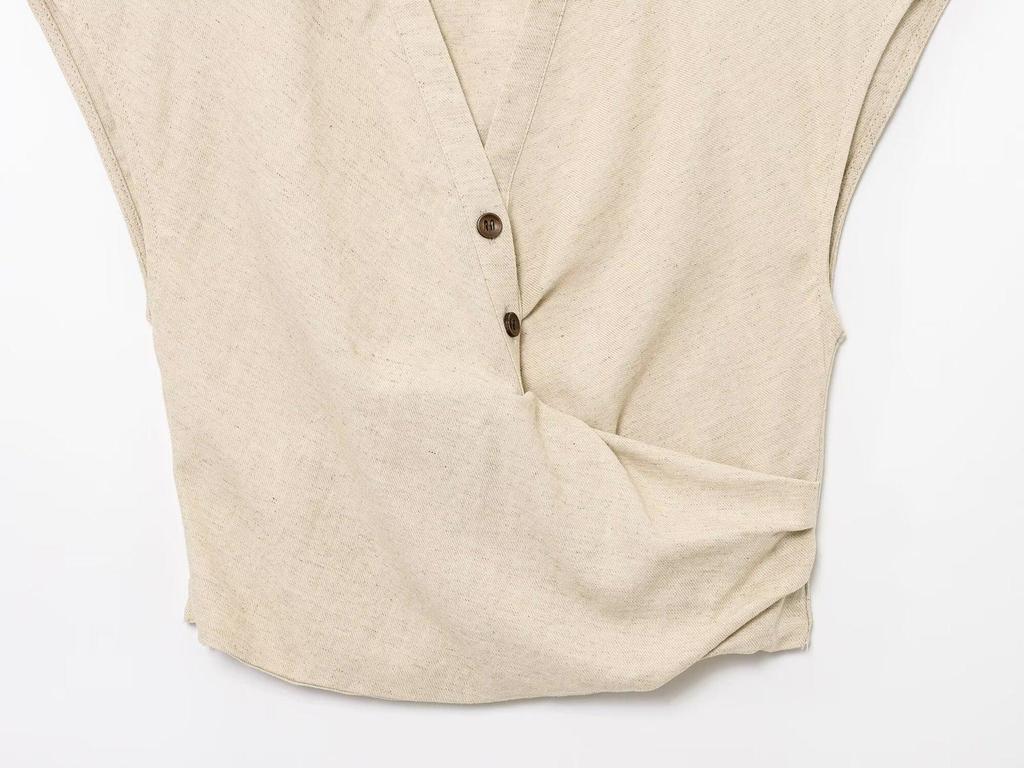 2025 Summer Women's Linen Set: Short Top with Buckle Detail & Midi Skirt