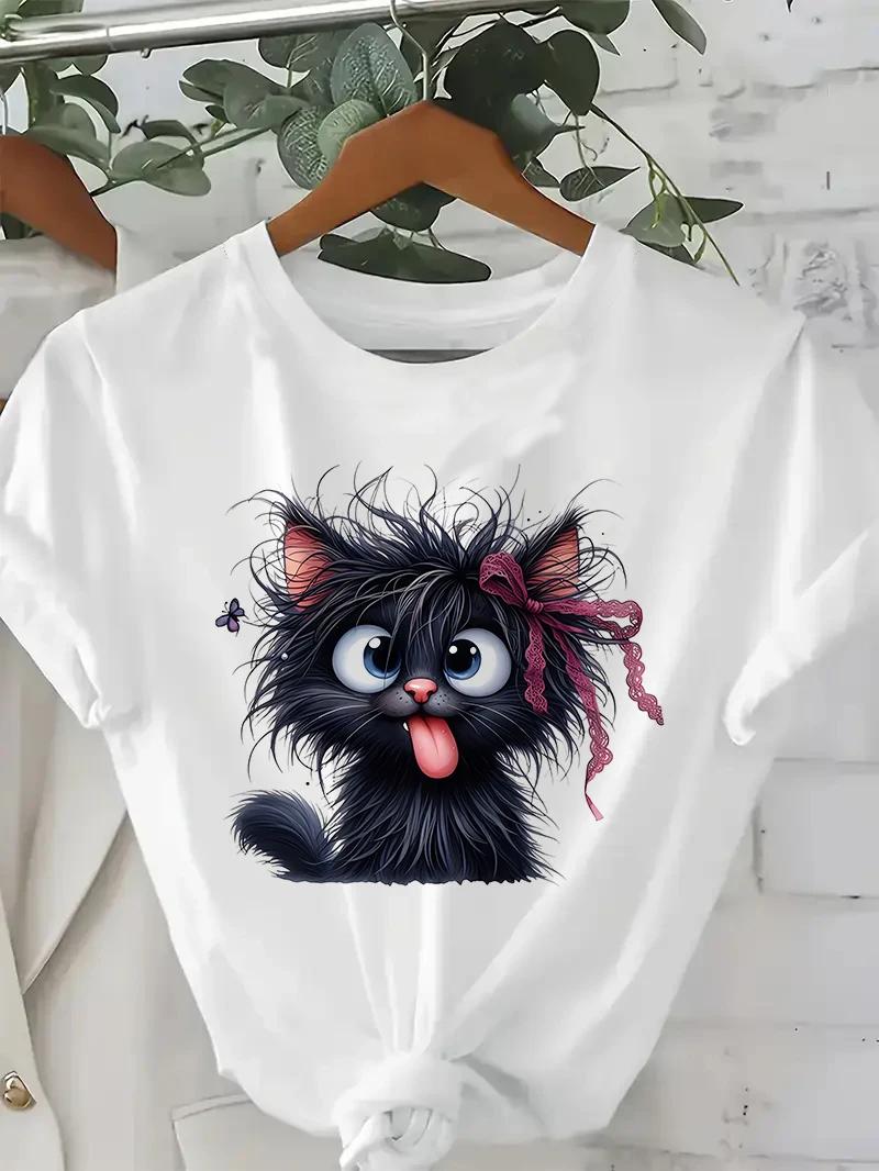 

Women s Funny Fried Cat Cartoon T-Shirt with Playful Bow Butterfly Print Women s Casual Short Sleeve T Shirt Clothing Top Tee 2XL